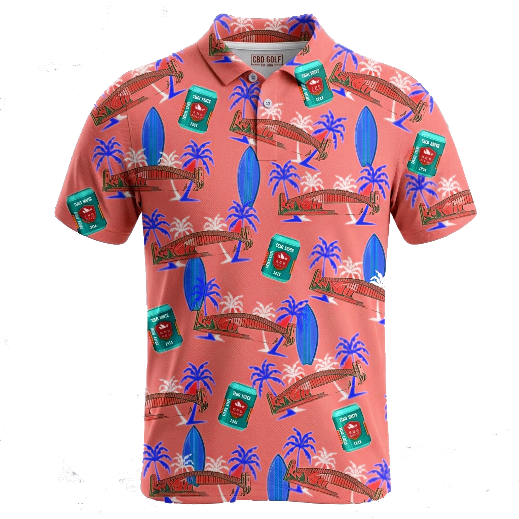 Mockup of the North v South Sydney 2026 Golf Comp polo in coral with Harbour Bridge, surfboard and palm print