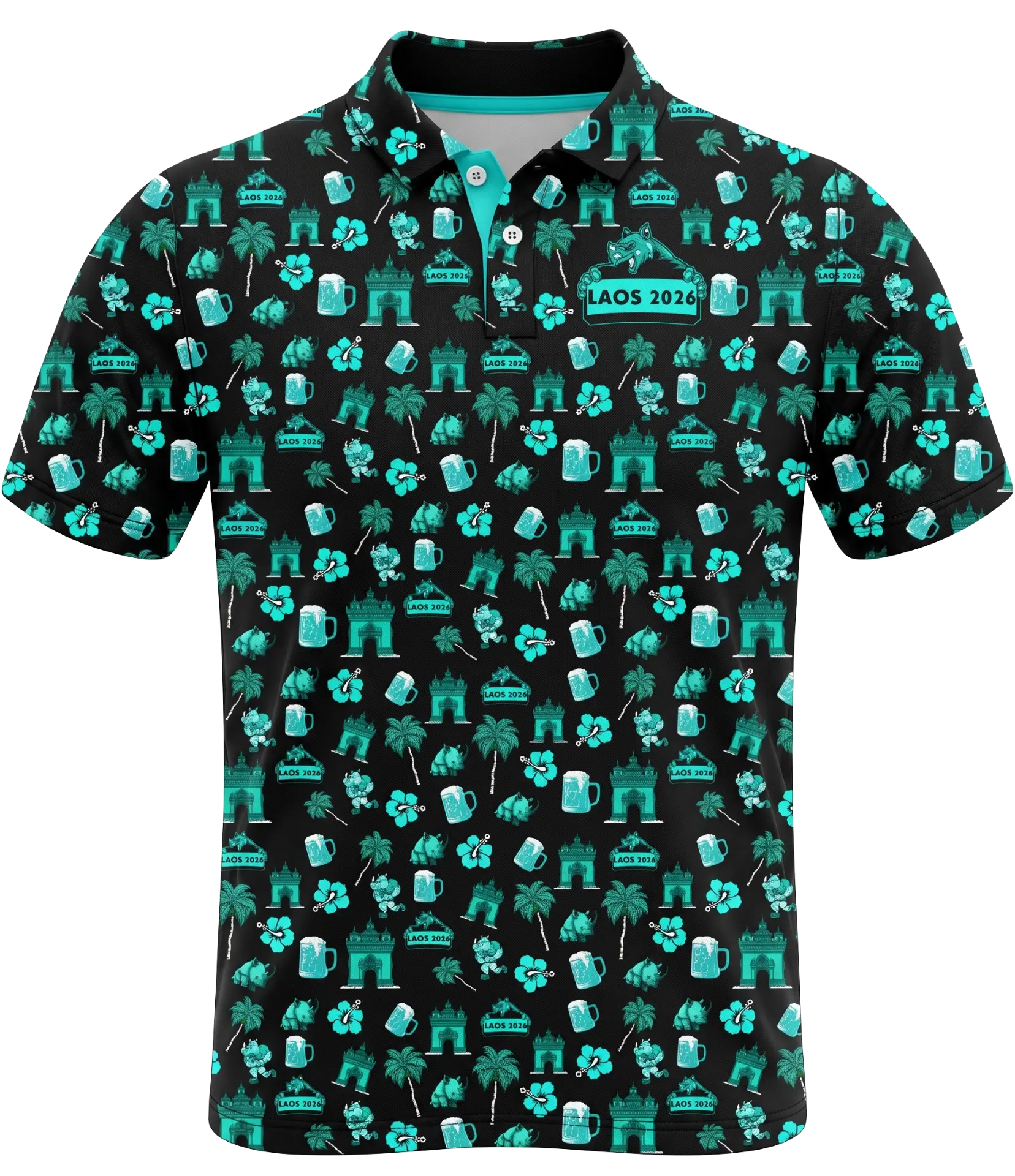 Mockup of the Rhino RFC Laos Tour 2026 polo in black with turquoise print