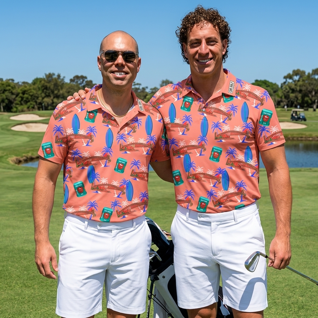 Two golfers on the course in matching coral North v South Sydney 2026 tour polos