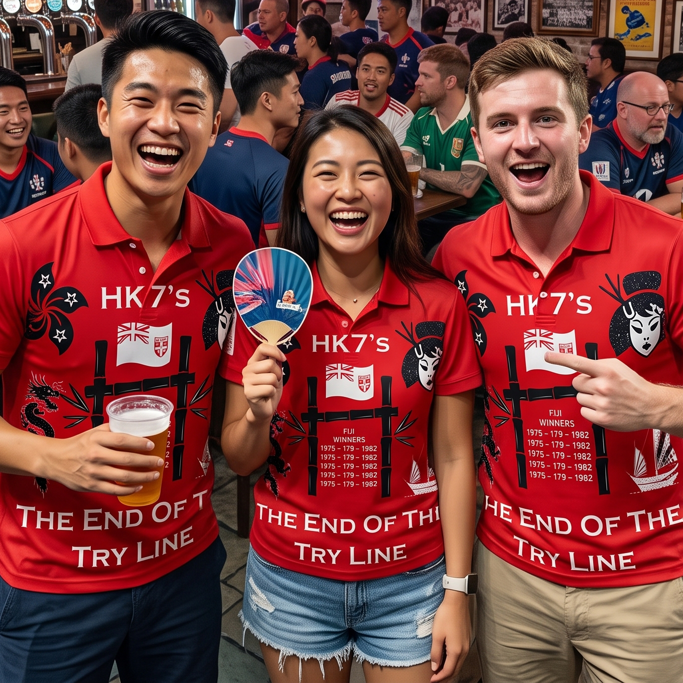 Three friends in matching red HK7's 2024 polos at the Singapore Sevens